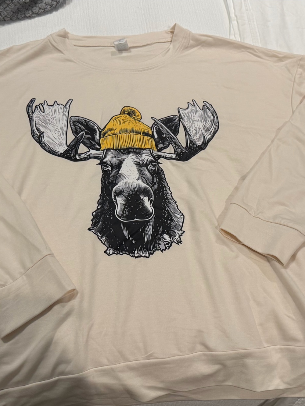New Never worn. SHEIN Cream Long Sleeve Tee with Moose Graphic and Yellow Beanie